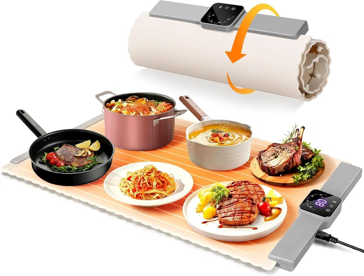 DoubleCare Tappetino riscaldante in silicone per alimenti, vassoio riscaldante elettrico arrotolabile con 5 impostazioni di temperatura e timer di 4 ore, tappetino riscaldante rapido portatile per