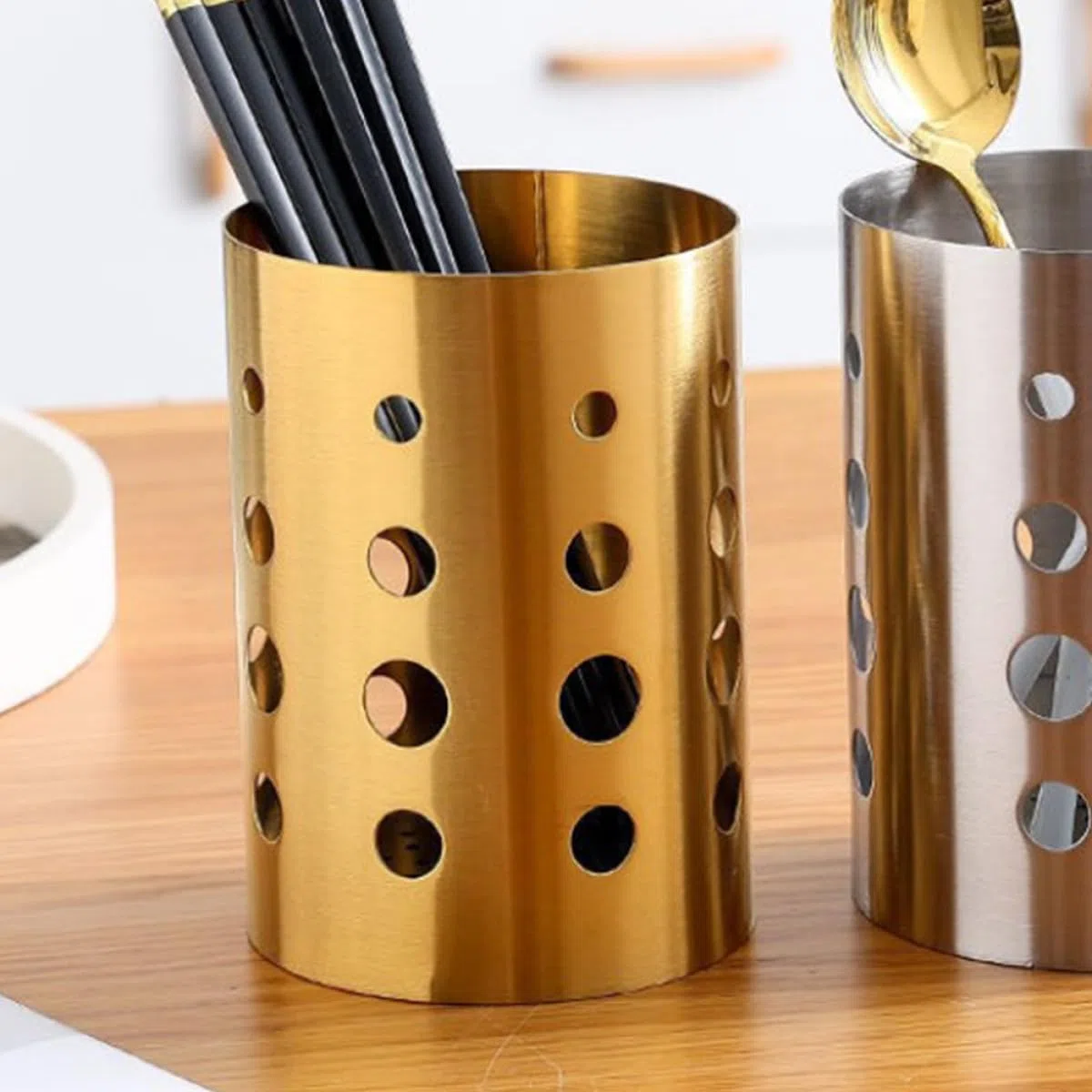 Outanaya Porta Bacchette in Acciaio Inox Dorato Grande, Contenitore Multiuso per Utensili da Cucina, Organizzatore Posate e Scolapiatti per Piano di Lavoro, per Cucina e Tavola