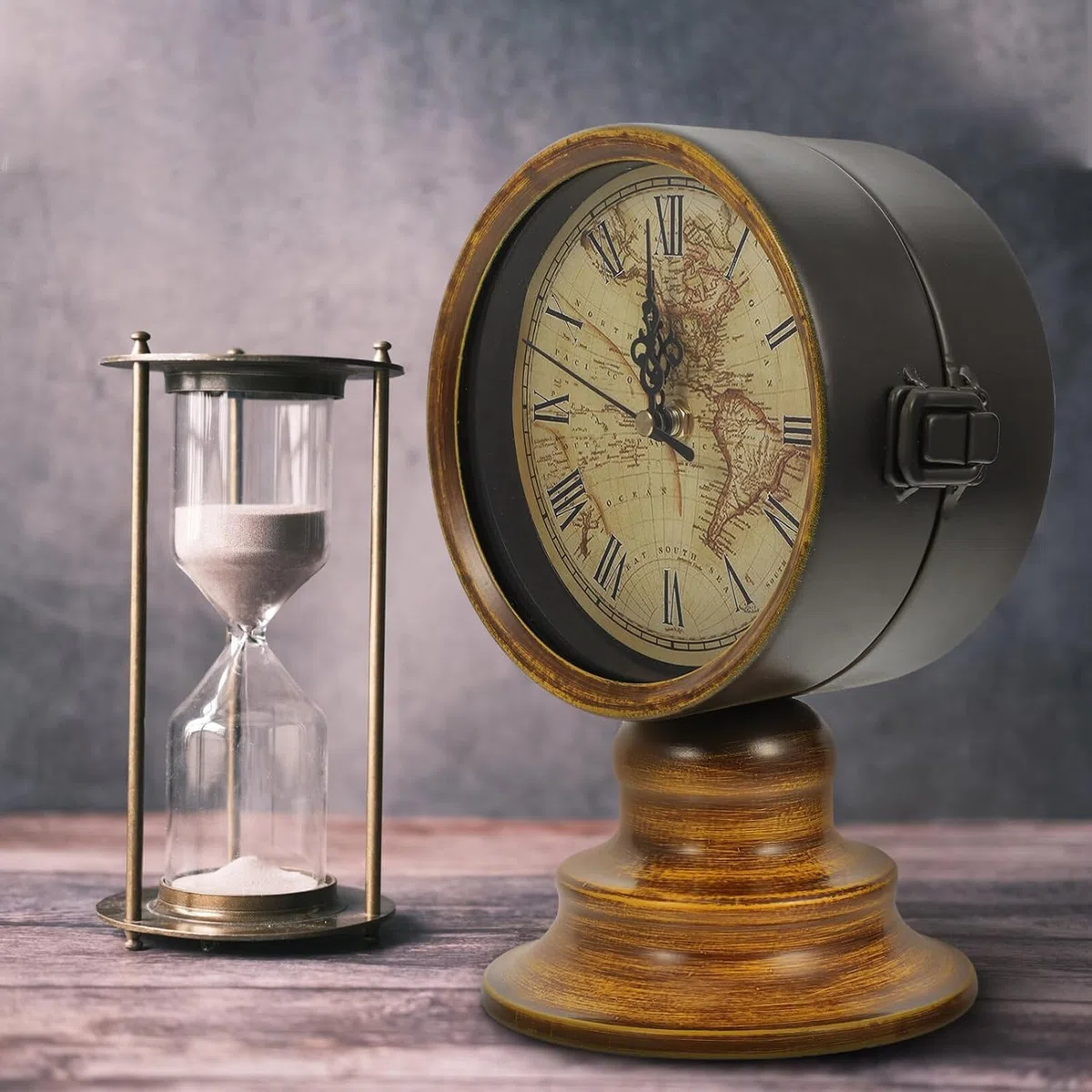 Sveglia senza Ticchettio,Bifacciale Classico Orologio da Scrivania Analogico con Mappa Del Mondo Retrò,Silenzioso Sveglia da Comodino e da Scaffale
