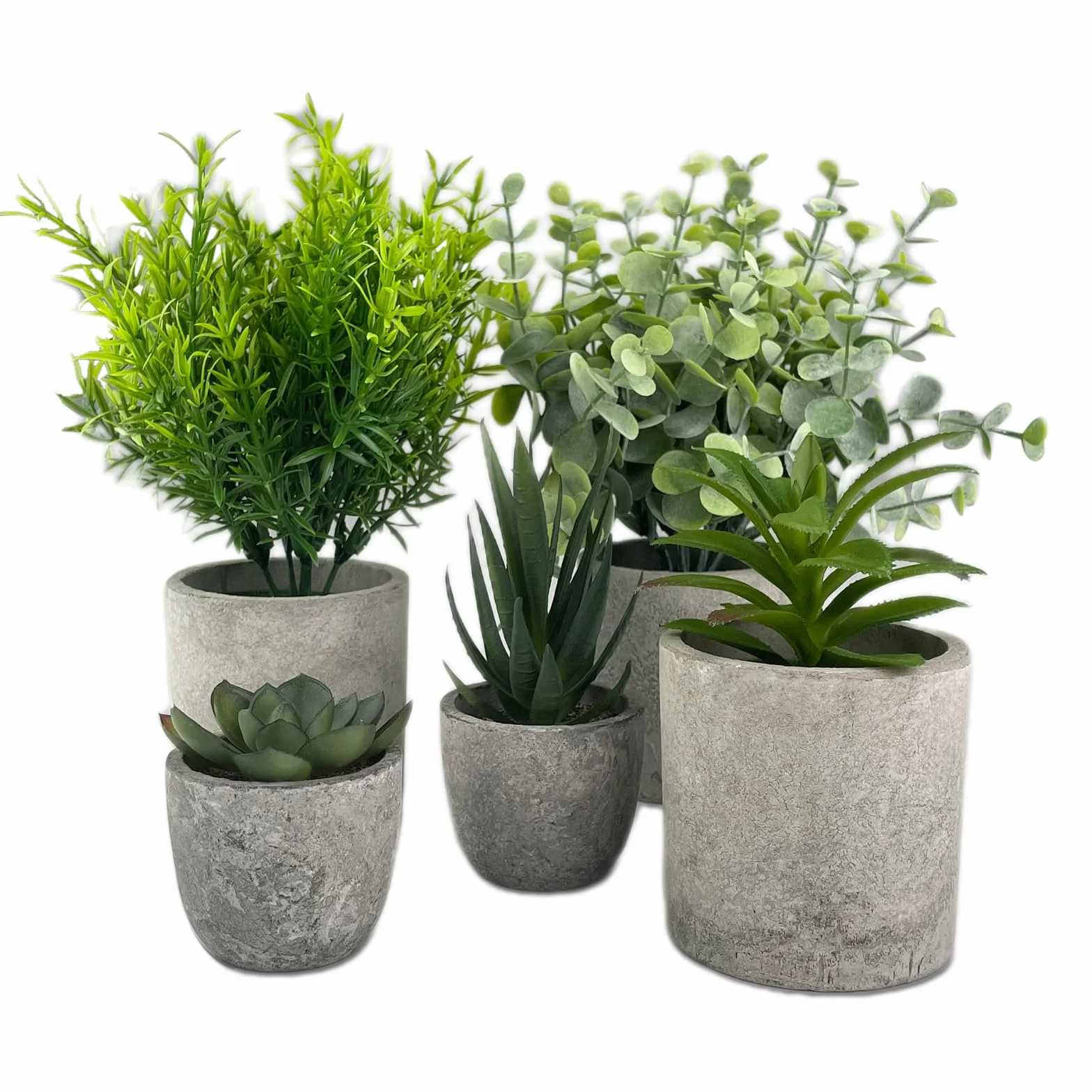 5 Pezzi Piante Artificiali, Mini Piante finte Serpentine, Eucalipto, Agave Succulente, Aloe Artiglio d'Aquila, Piante artificiali da Interno e da Esterno per Camera da Letto Ufficio