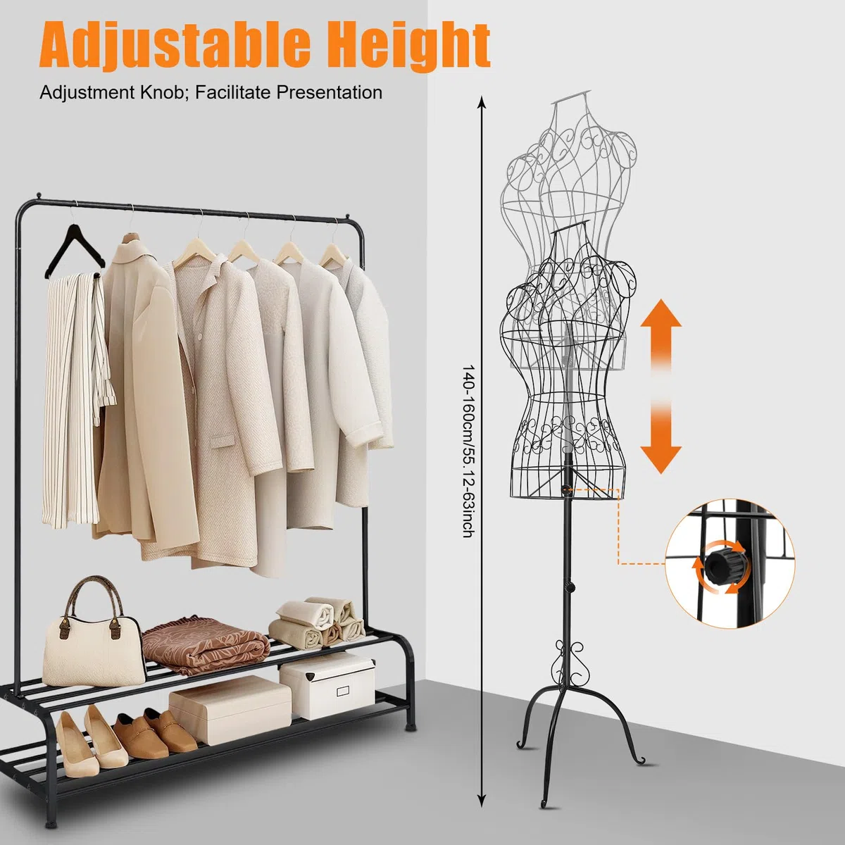 Manichino da sartoria, da donna, regolabile, 140 – 160 cm, per abiti e boutique, nero