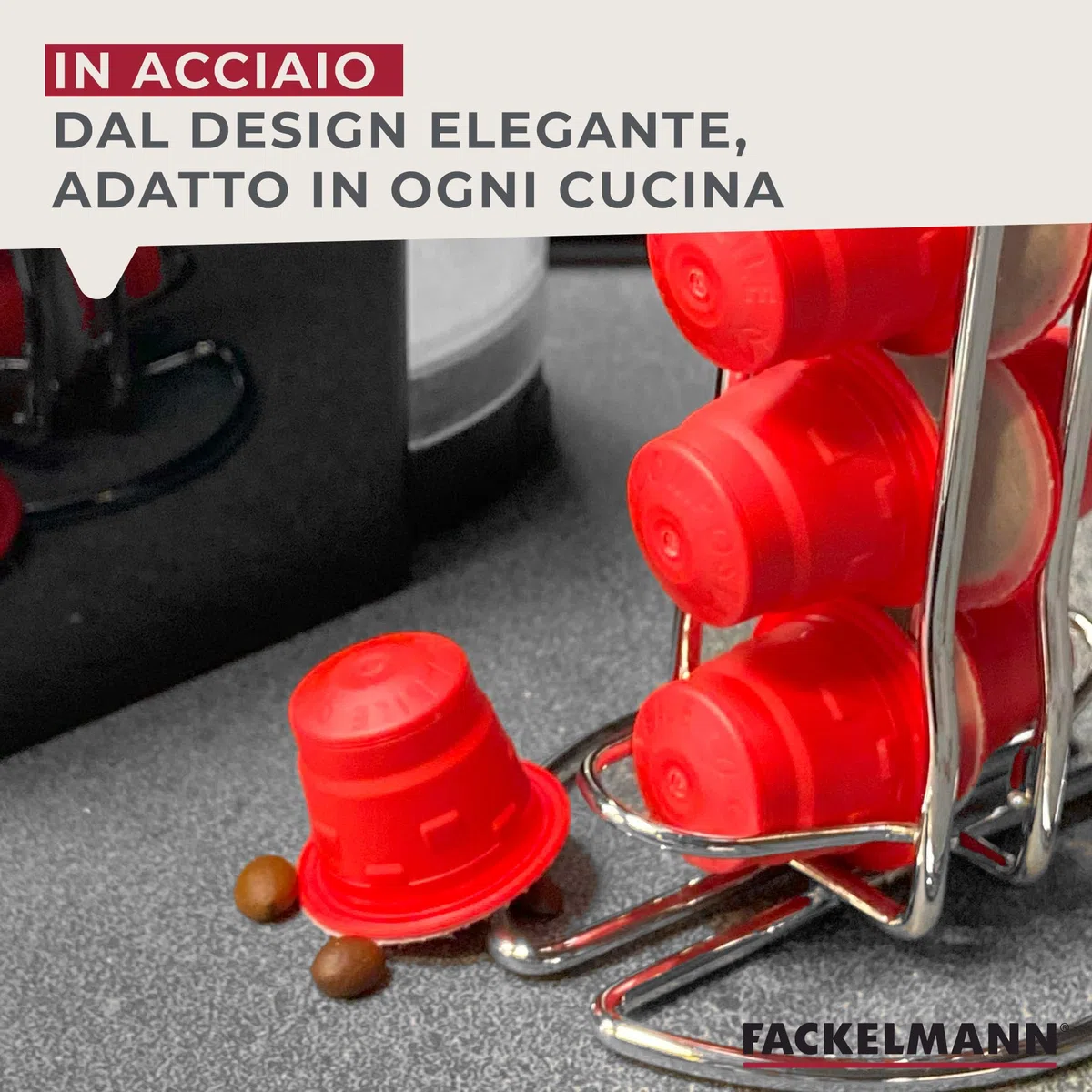 Fackelmann Porta Cialde in Filo per 20 Cialde Nespresso, in Scatola Regalo a 4 Colori, Cialde non Incluse, Argento
