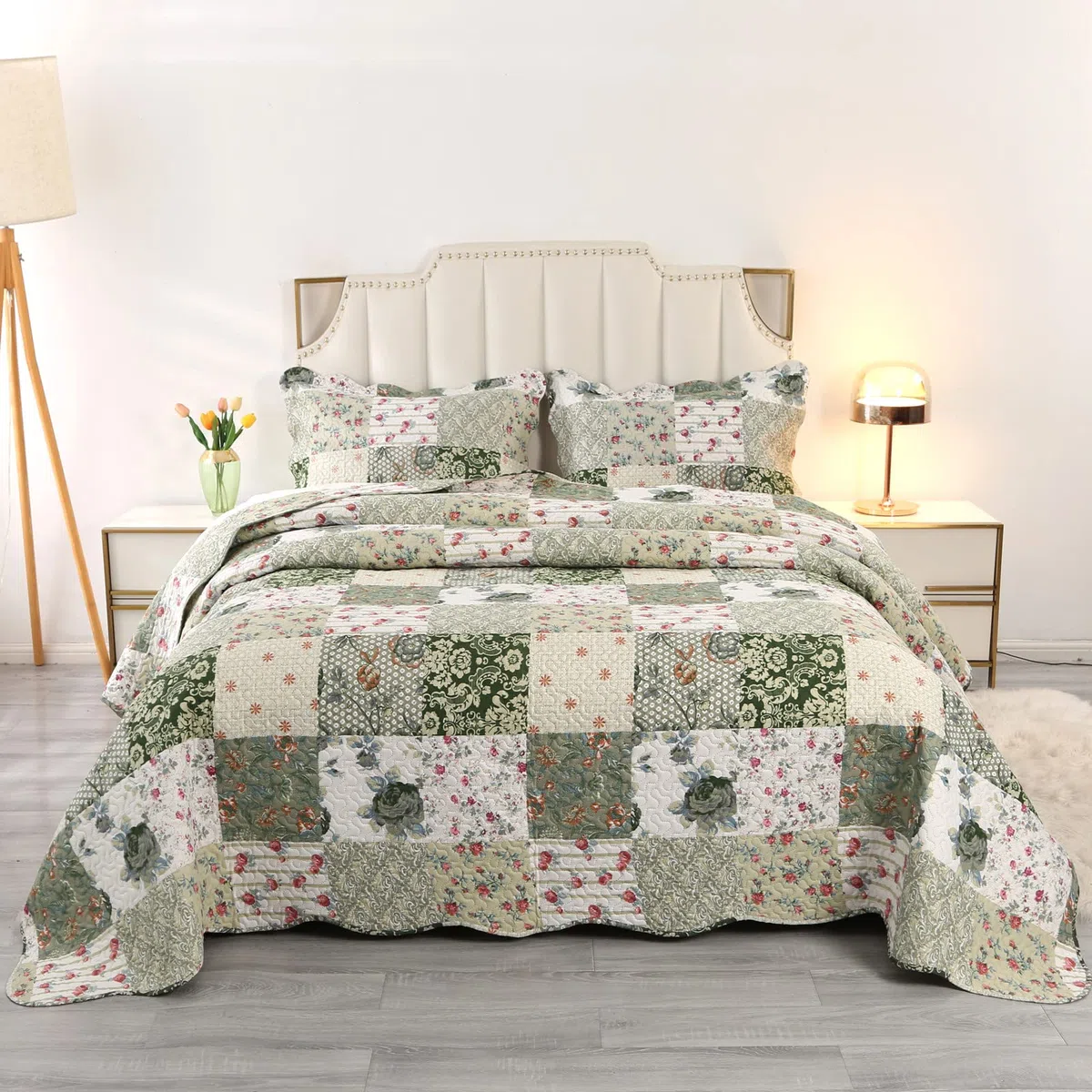 Qucover Copriletto Trapuntato Matrimoniale Patchwork, Copriletti Ultrasuoni in Poliestere Leggere, Trapunta Sottile Estivo Primaverile 230x260 cm con 2 Federe, Verde