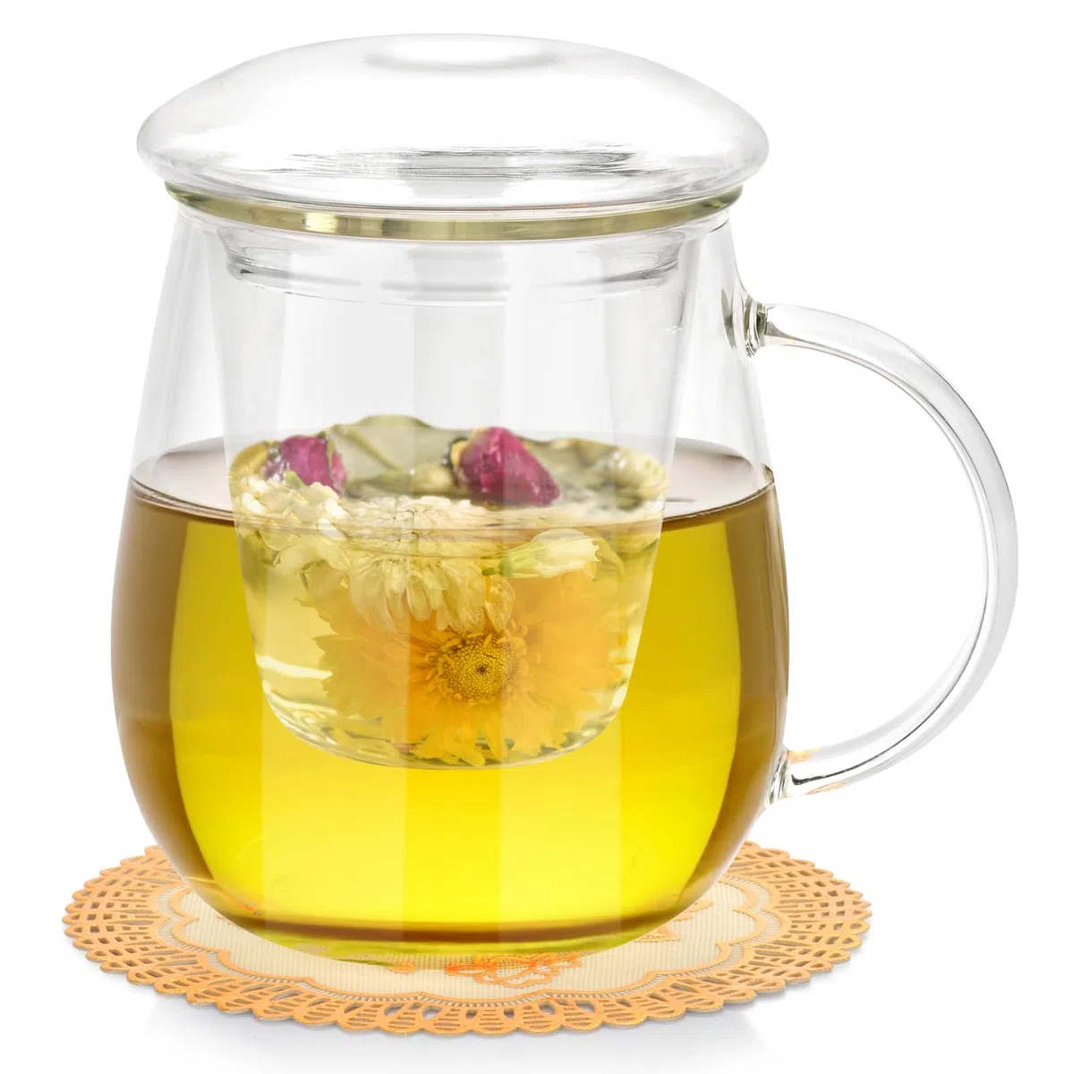 Tazza da tè in vetro da 500 ml, Tazza da tè con filtro e coperchio, tazza da tè in borosilicato adatta per tè nero, bevande, caffè freddo, bustine di tè