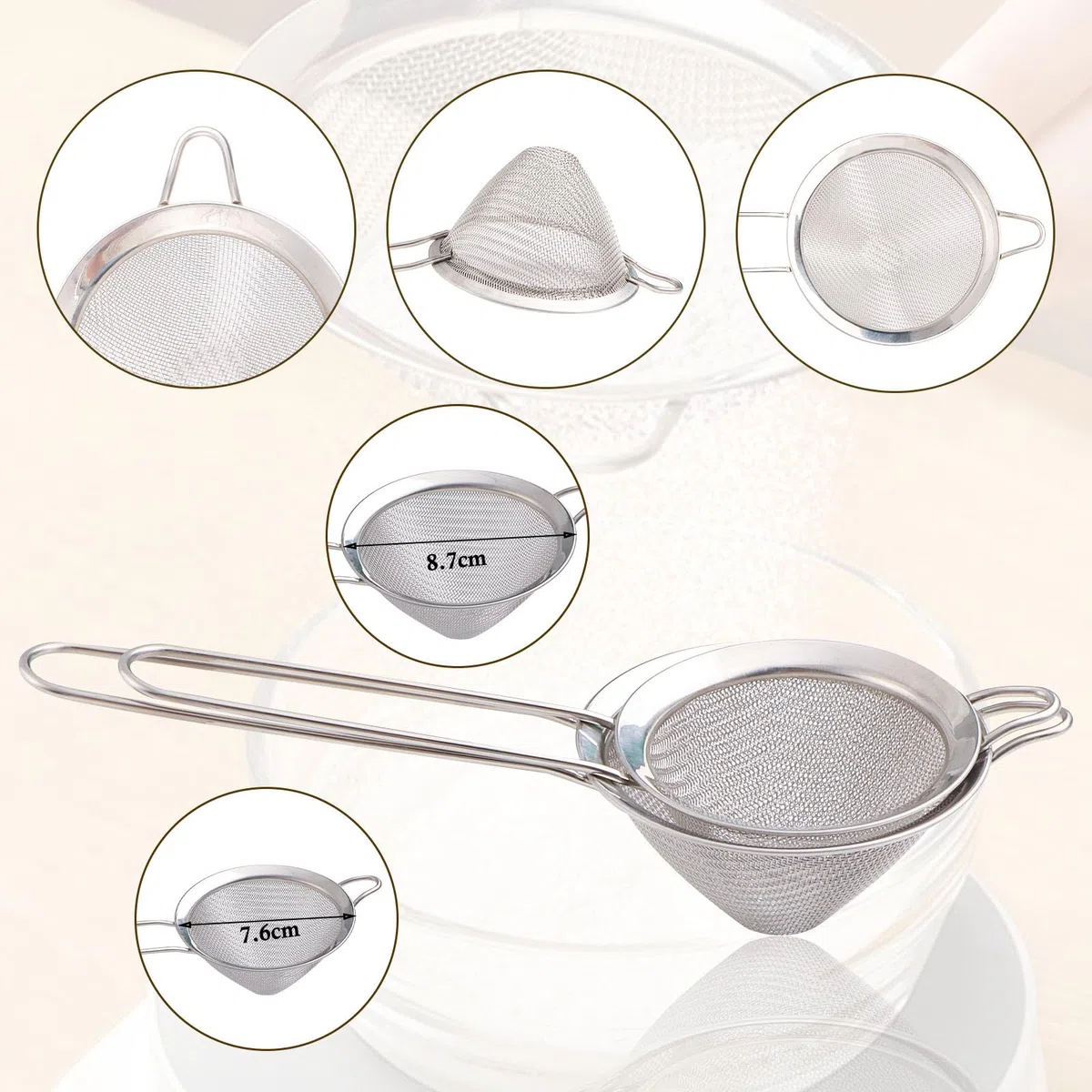 2 Pezzi Cocktail Fine Mesh Conico 7,3cm y 8,4cm Setaccio in Acciaio Inox Colino per alimenti Colino in Acciaio Inox Conico a maglia fine