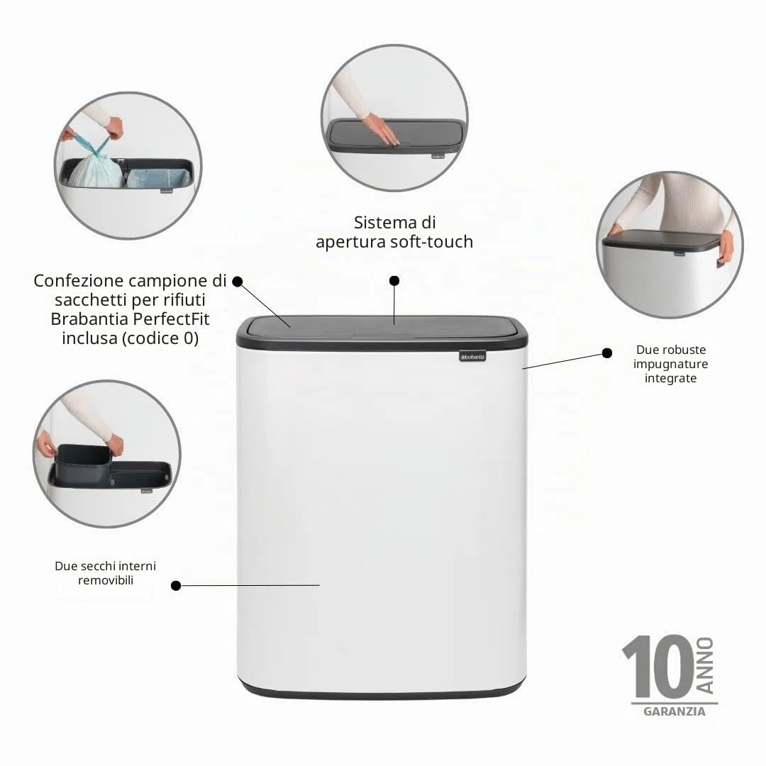 Brabantia Bo Touch Bin Pattumiera, Metallo, Bianco, 2 x 30 Litri