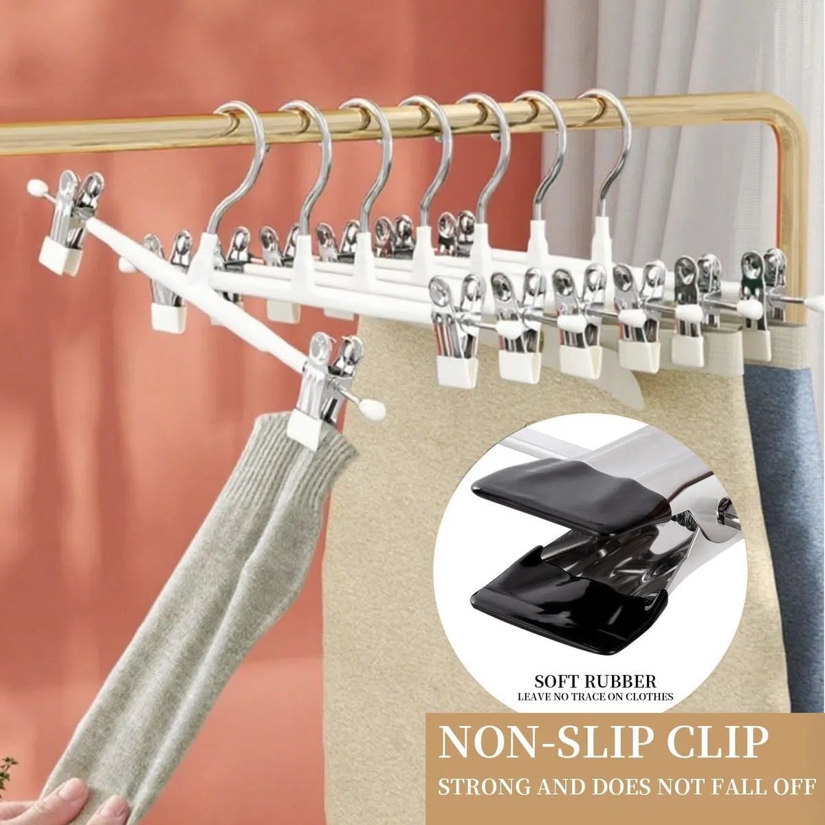 Grucce per pantaloni in metallo, 30 cm, 10 grucce con clip antiscivolo, resistenti alla ruggine, per pantaloni, pantaloncini, gonne, calze, biancheria intima (bianco)
