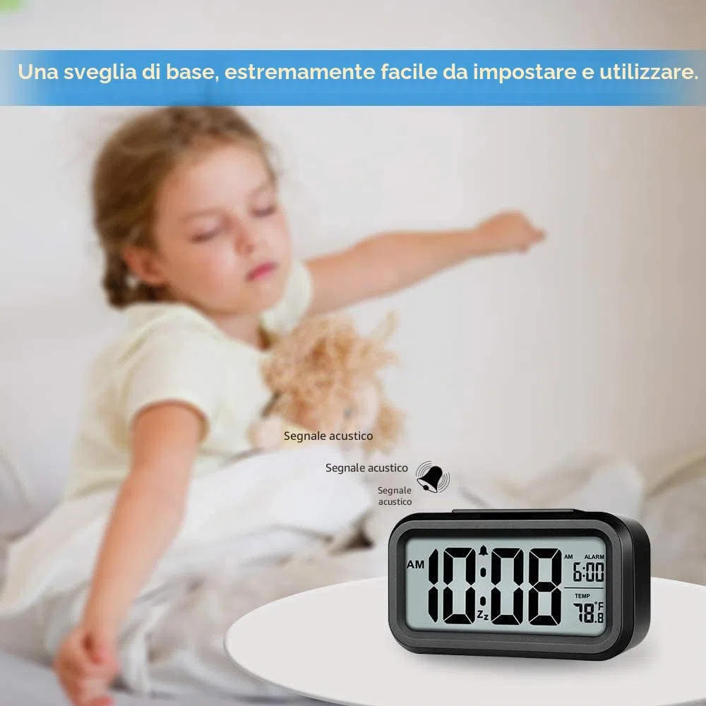 Lesipee - Sveglia Digitale, Orologio per Camera da Letto, Orologio da Scrivania a Batteria, Orologio Digitale con Luce Notturna Intelligente, Display 12/24H, Funzione Snooze per Chi Dorme Molto, per