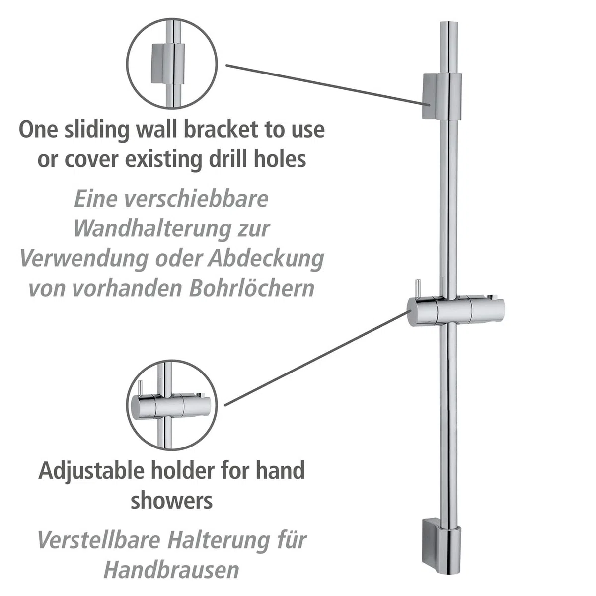 Wenko Asta per doccia Classic, asta per doccia con supporto per doccetta a mano per doccia o vasca in acciaio inossidabile con supporto a parete mobile, dimensioni (L/P x A): Ø 2,2 x 70 cm, cromata
