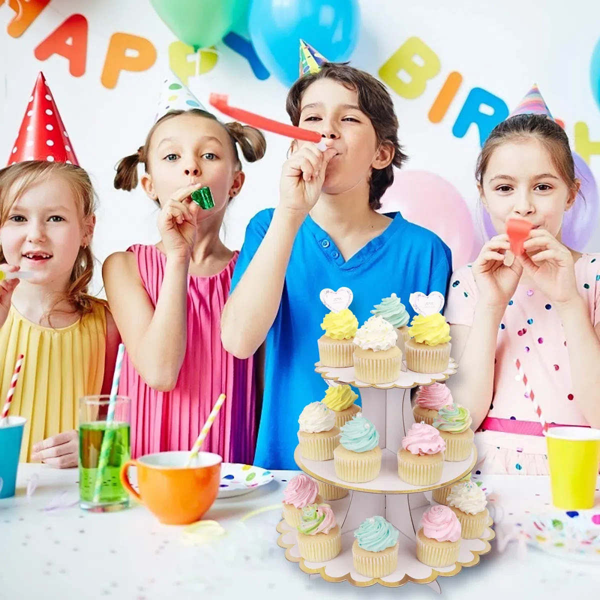 Cupcake Stand Cartone 3 Tier Alzata per Torta Supporto per Cupcake per Baby Shower Genere Reveal Festa Bambini Festa di Compleanno