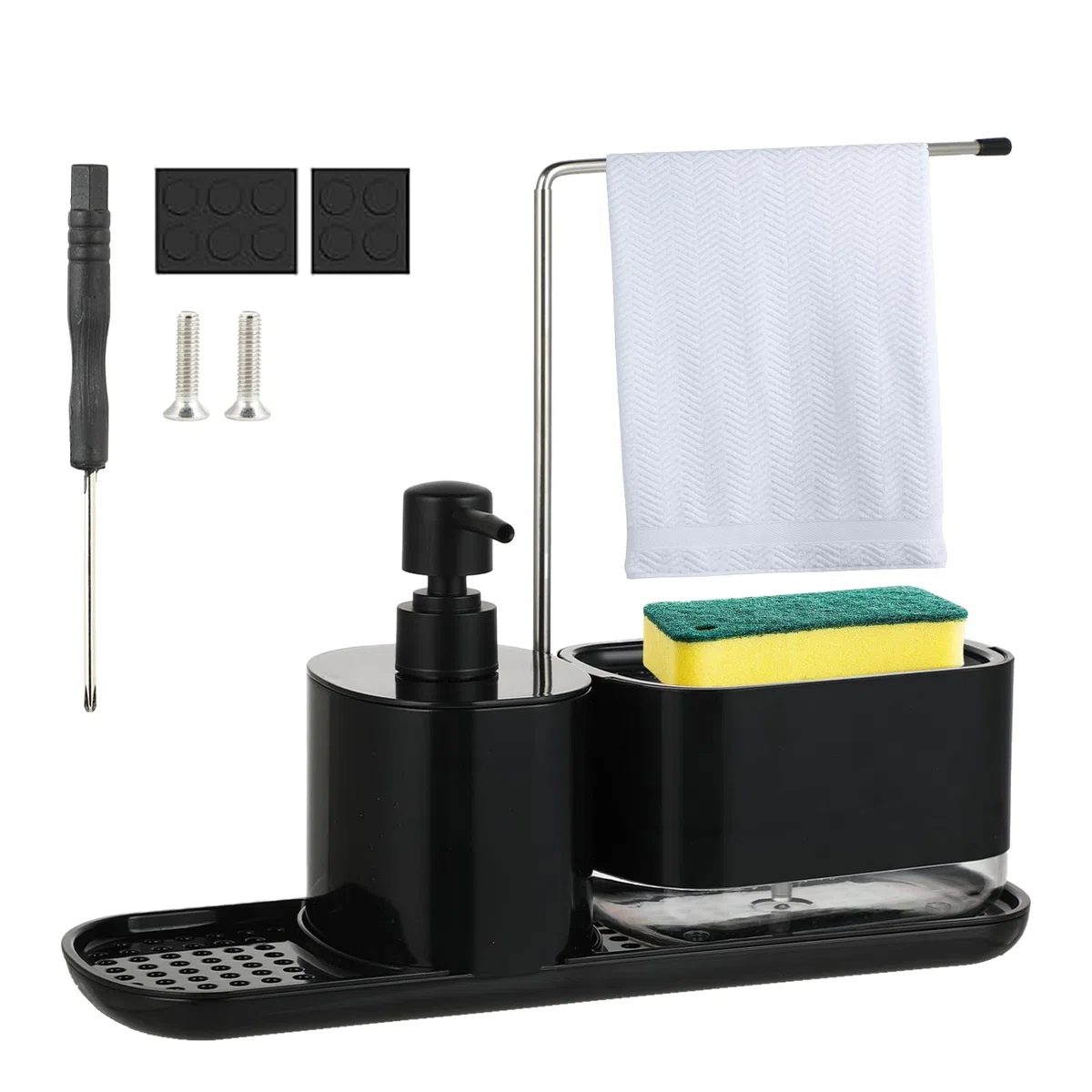 Set Dispenser Sapone Cucina 2 in 1 per cucina con supporto in spugna, ideale per lavare le mani e lavastoviglie, ricaricabile, adatto per dispenser di detersivi da cucina, nero
