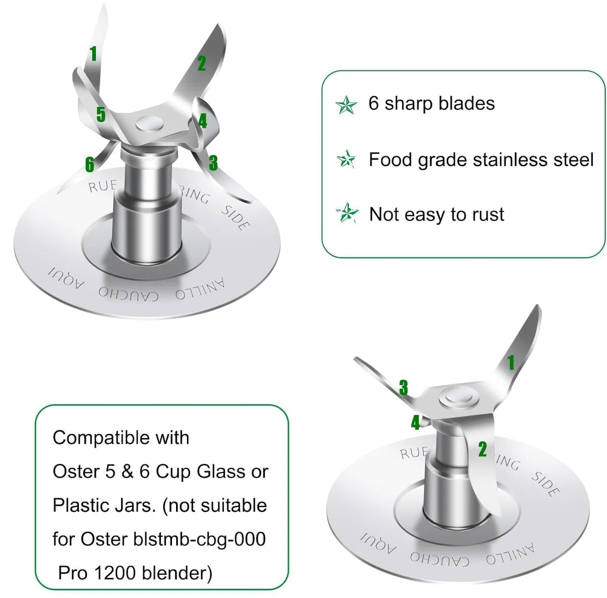 Vaso Di Ricambio Per Frullatore Compatibile Con Osterr Blender 6 Cup 1.25 Litre, Vaso De Licuadora Osterr 48 Ounce 12 Speed Round Glass Jar With Ice Blade, Bottom Cap Base, 8 - Piece Blender Kit