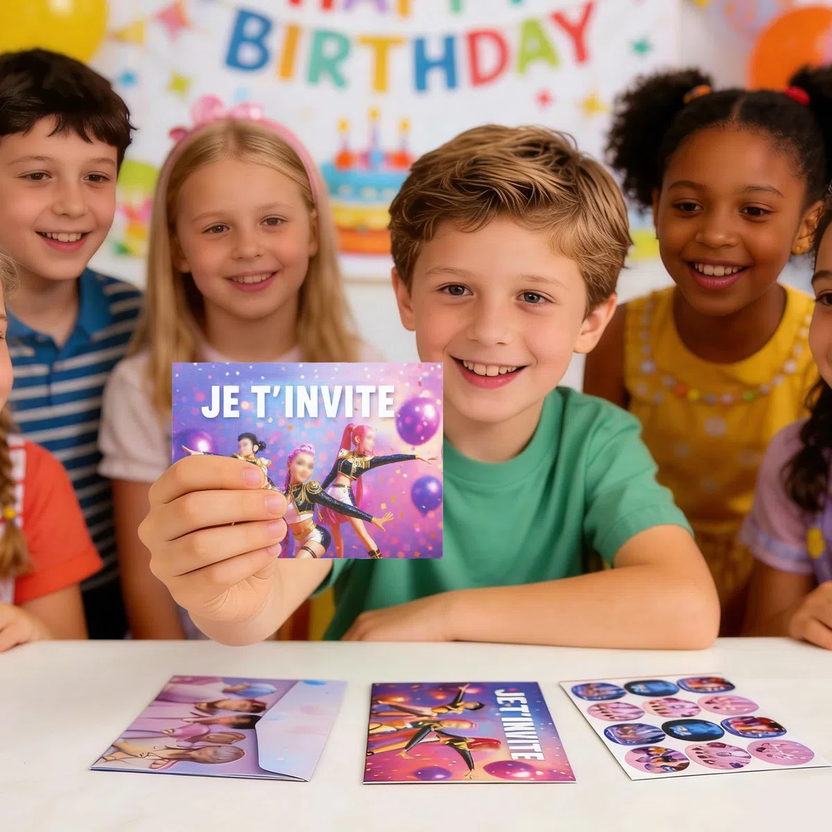 Kit di 12 biglietti d'invito per compleanno K-pop con 12 buste e 12 adesivi, biglietto di invito compleanno per bambini, ragazze, ragazzi, adulti, tema neon Kpop