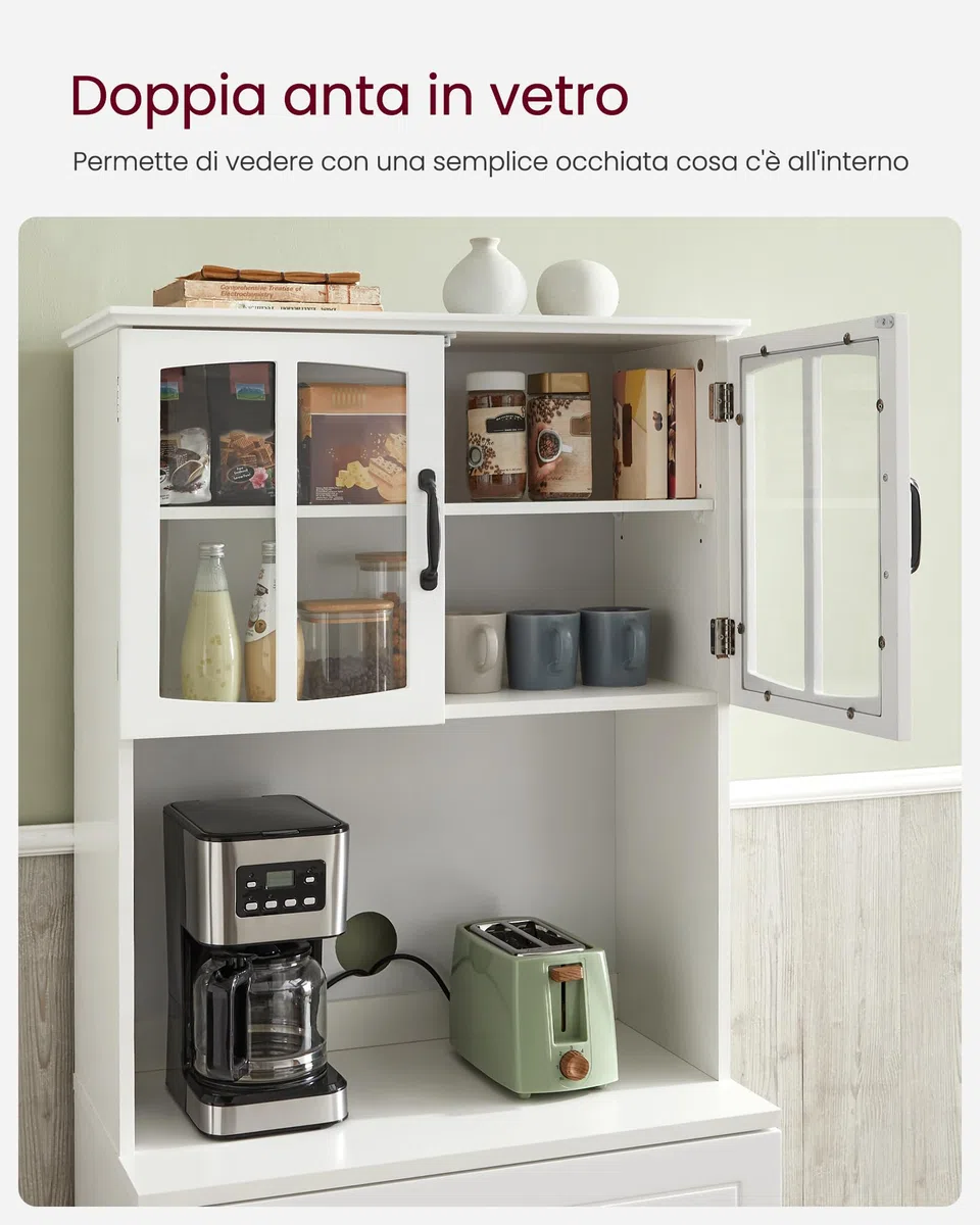 VASAGLE Credenza Alta Cucina, Dispensa Mobile da Cucina con Ante in Vetro e Ripiani Regolabili, Cassetto, Foro per Cavi, per Microonde, Stile Moderno, Bianco LSC361W21