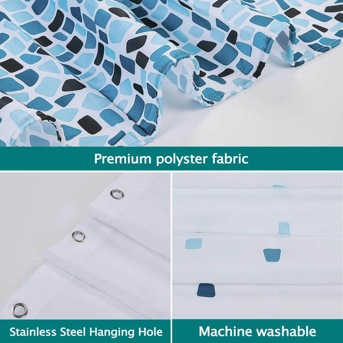 Tenda Doccia 180x200cm, Tenda per Doccia Impermeabile Polyester Lavabile con 12 Anelli, Orlo Ponderato, Blu Mosaico