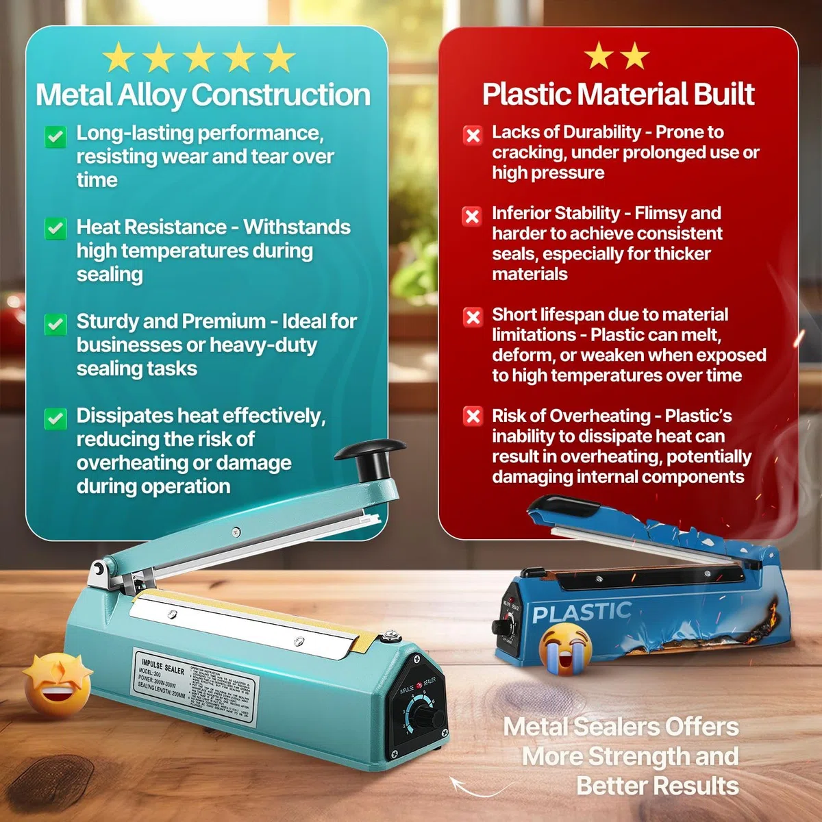 Flexzion 200 mm (8") Impulse Sealer (300W) – Kit di chiusura manuale in plastica con timer regolabile, portatile con elemento di ricambio e nastro in teflon