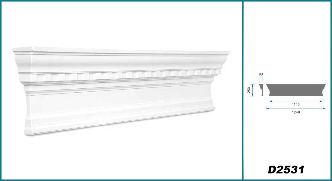 coronamento | poliuretano resistente agli urti | adatto per porte e armadi | timpano decorativo | frontone | bianco | PU | Hexim Perfect | 250 x 1240 mm | D2531