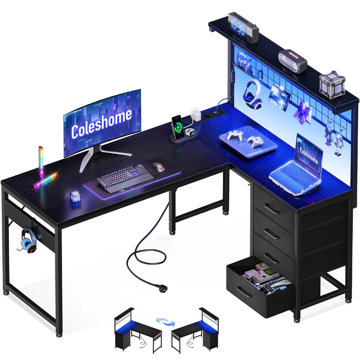 Coleshome Scrivania Gaming con LED, 130 x 100 cm Reversibile Tavolo Gaming con Cassetti e Prese, Scrivania Angolare con Ripiani e spazio di archiviazione, Nero