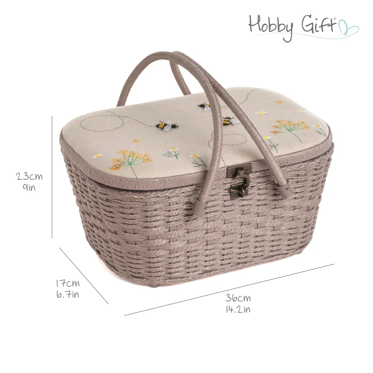 Hobby Gift Scatola da cucito, cestino di vimini, applique, ape di lino (HGLHB)