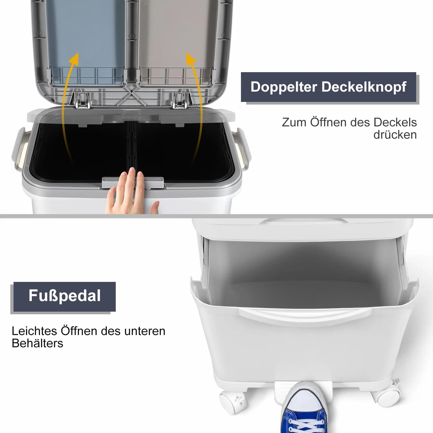 Pattumiera da cucina a 3 scomparti, 42 l, per separare il naso, da cucina con coperchio, pattumiera a pedale con coperchio su ruote, per cucina, appartamento, ufficio, bianco