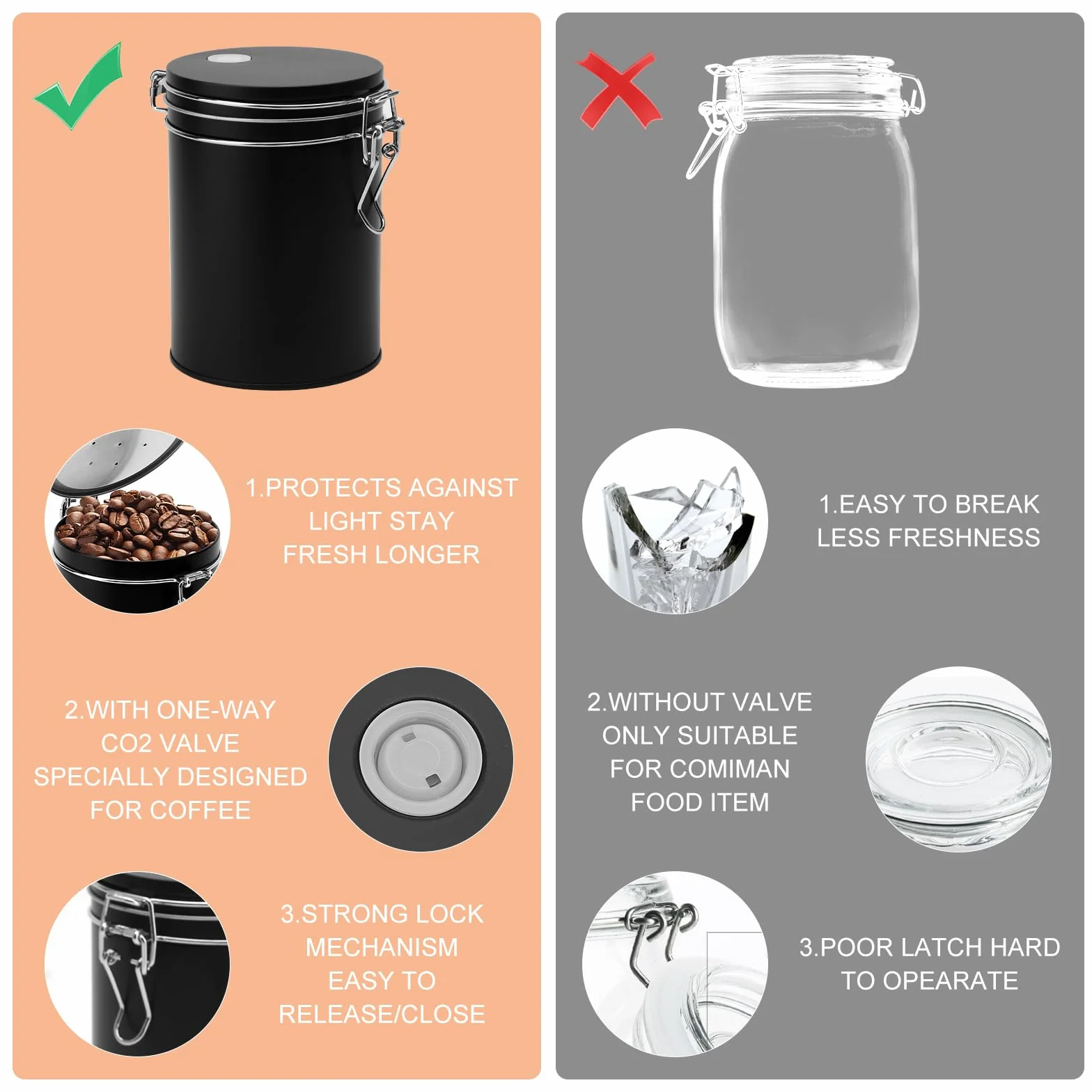 Barattolo per caffè in acciaio inox ermetico con valvola, contenitore per caffè vuoto nero per mantenere la freschezza, protezione dell'aroma con coperchio per chicchi di caffè, polvere, tè, noci