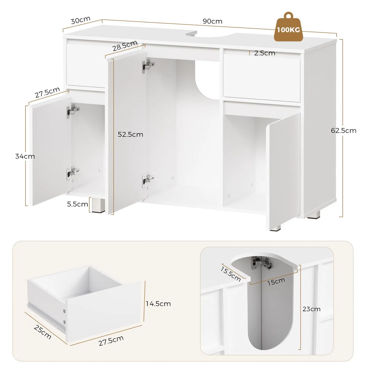 BEWISHOME Mobile Sottolavabo per Bagno, Mobiletto da Bagno, Doppio Cassetto, Tre Ante, Ampia Capacità di Contenimento, Mobile Bagno con Gambe, 90 x 30 x 62,5 cm, Bianco, EYSG01W