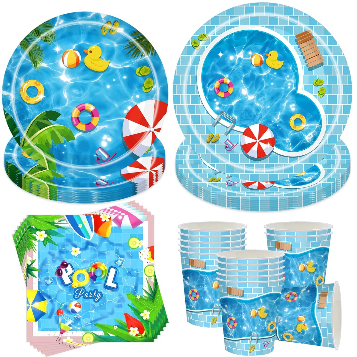 Jiahuade Set di stoviglie estive per feste in piscina, 50 pezzi, stoviglie per feste in piscina, tovaglioli, piatti di carta, bicchieri, stoviglie per 10 ospiti