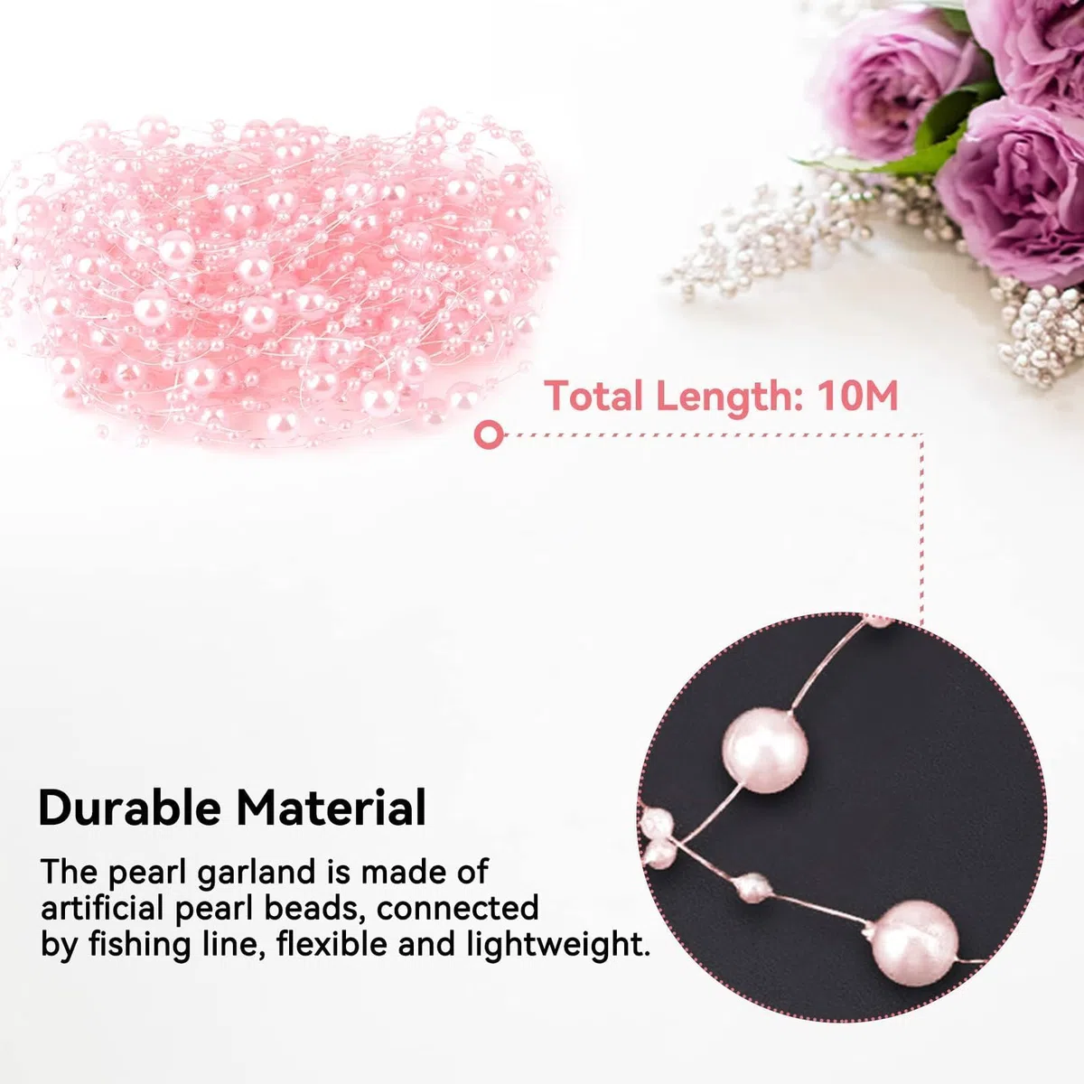 Decorazione con ghirlanda di perle, 10 Metri Artificiale Ghirlanda Fili Perline, Filo con Perle rosa per natalizie Matrimonio decorazione