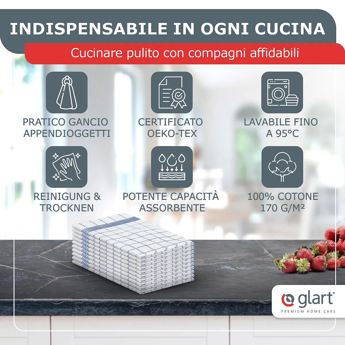 Glart 48GI2 Set di 10 Asciugamani da Cucina, 50x70 cm, 100% Cotone Oeko-TEX Standard 100, grigio, prelavati, panni per cucina e lavaggio, ancora più assorbente ad ogni lavaggio