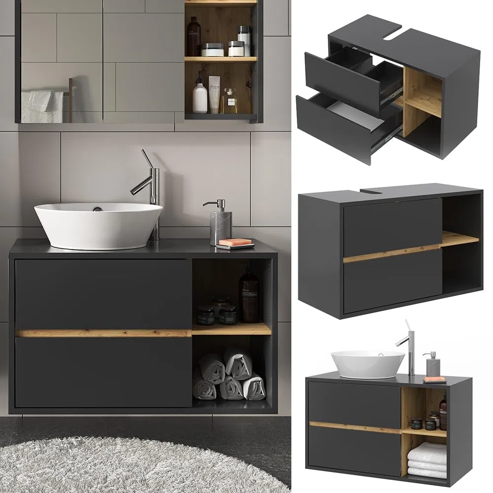Vicco Mobile sottolavabo per bagno Viola, Antracite, 100 x 60 cm, con intaglio per sifone e ripiani aperti per montaggio a parete