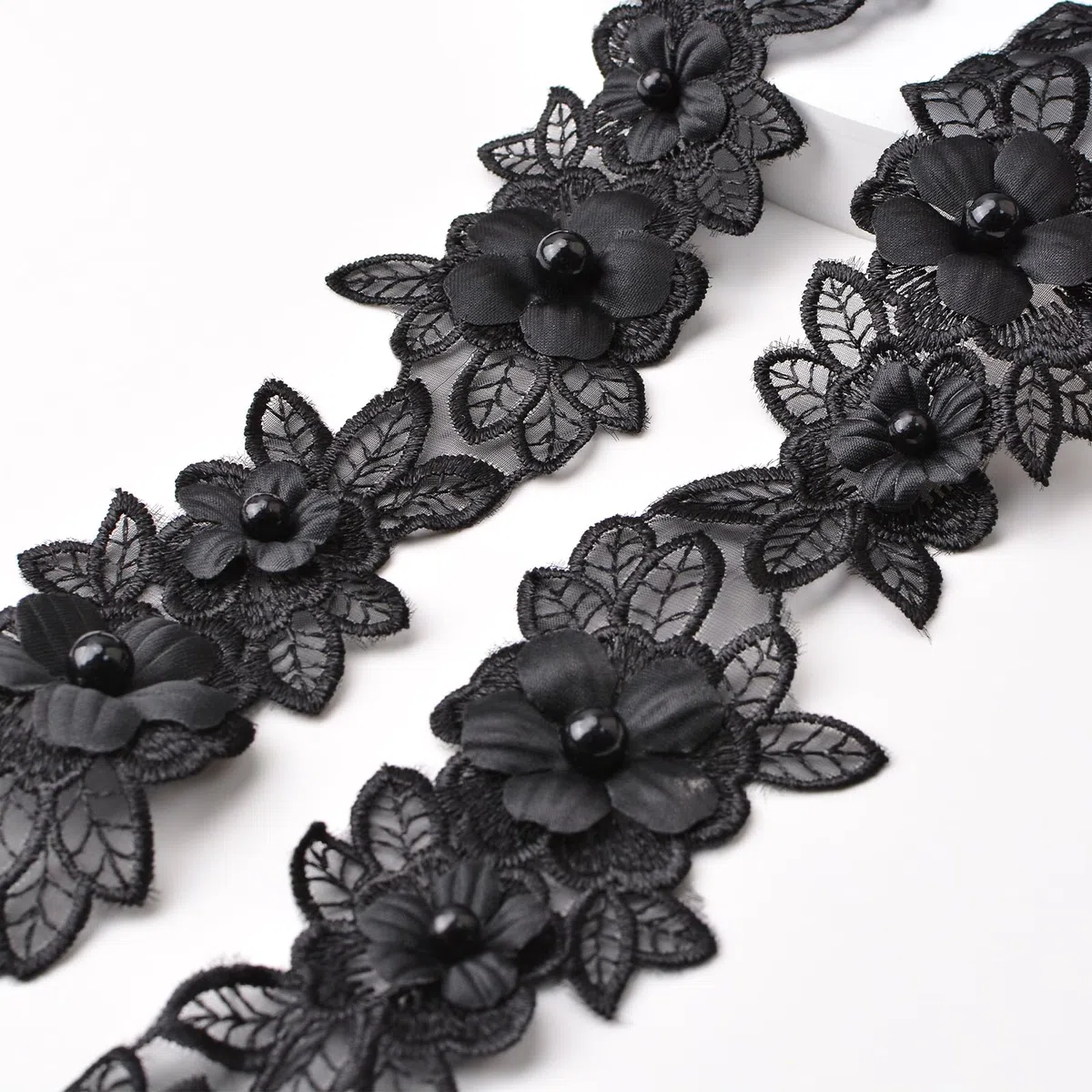 Nastro in pizzo nero con fiori, 2,18 m, nastro in organza ricamato, bordo in pizzo, per cucito fai da te, decorazione domestica, 5,5 cm di larghezza