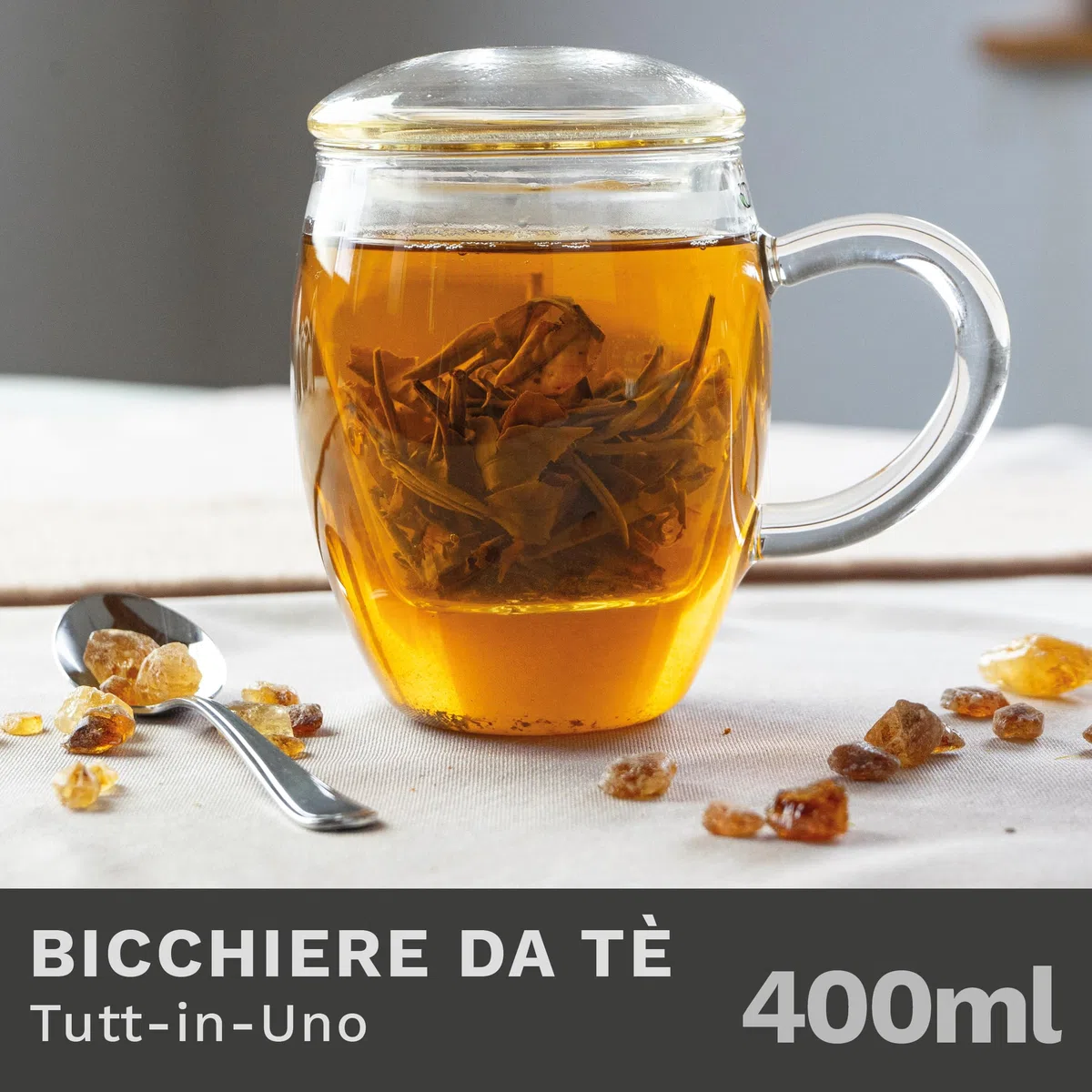 Creano Bicchiere da Tè Sfuso Tutto in Uno da 400 ml, Grande Tazza da Tè con Filtro in Vetro e Coperchio in Vetro, Teiera in Attraente Confezione Regalo Trasparente 1 Pezzo (Confezione da 1)