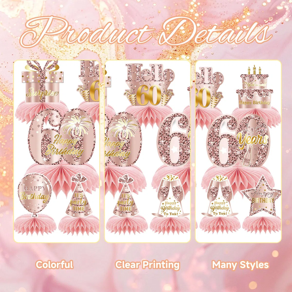 9 Pezzi Rosa Rosegold 60 Compleanno Favo Centro Tavola Decorazione per Ragazze Felice 60 Compleanno Decoro Tavolo Feste Accessori Torte di Compleanno a Diciotto An