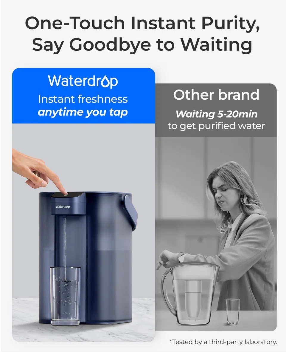 Waterdrop Caraffa Elettrica per Filtro Acqua ad Azione Immediata e Filtro a 3 Mesi, Sistema di Filtro Acqua da 3,5 Litri per Piano di Lavoro, Riduce il 98% di Cloro e Oltre 20 Impurità, Blu