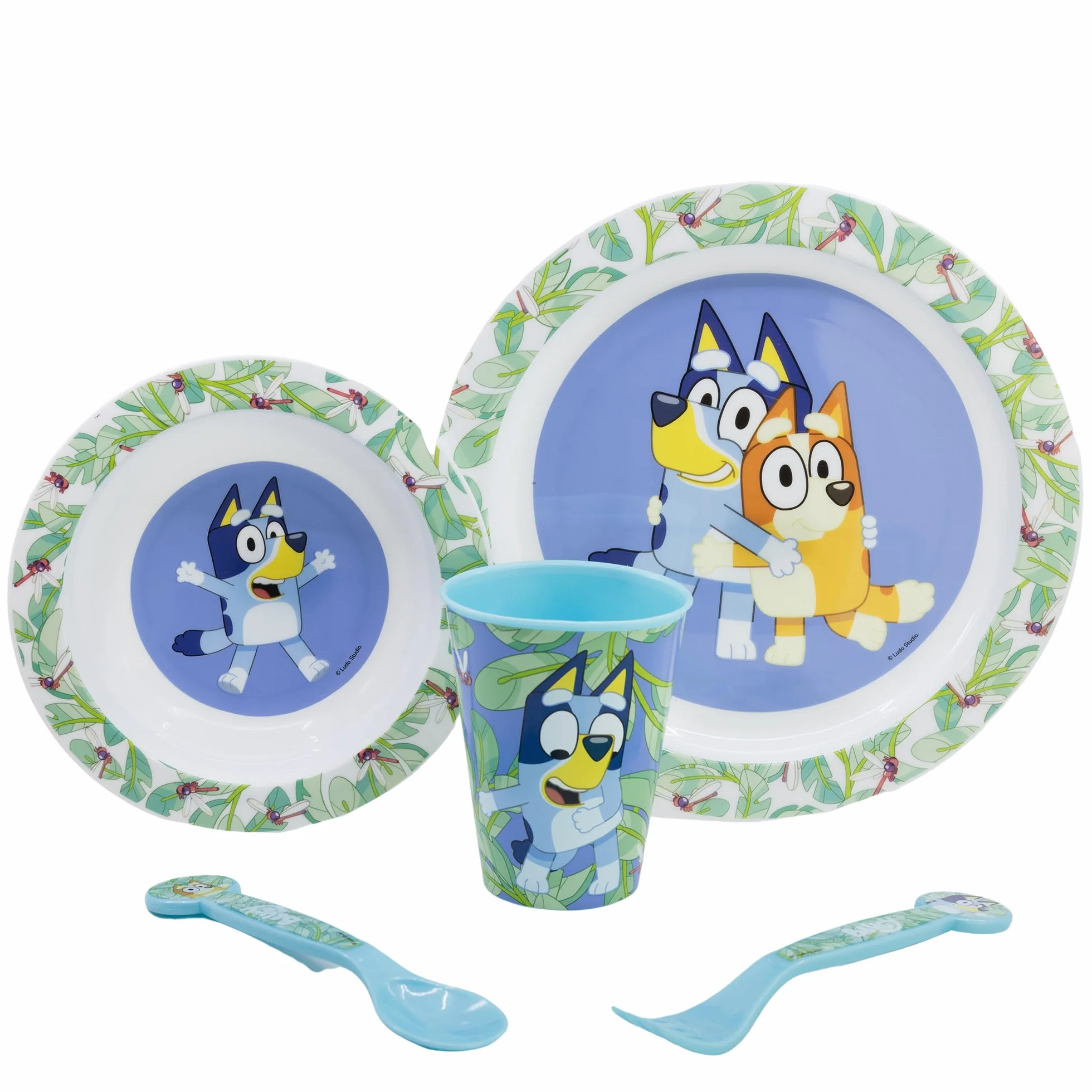 STOR Set Stoviglie per Bambini Bluey - Bicchiere Piatto Ciotola Posate - Plastica Resistente Microonde - Senza BPA - Pasti Bambini