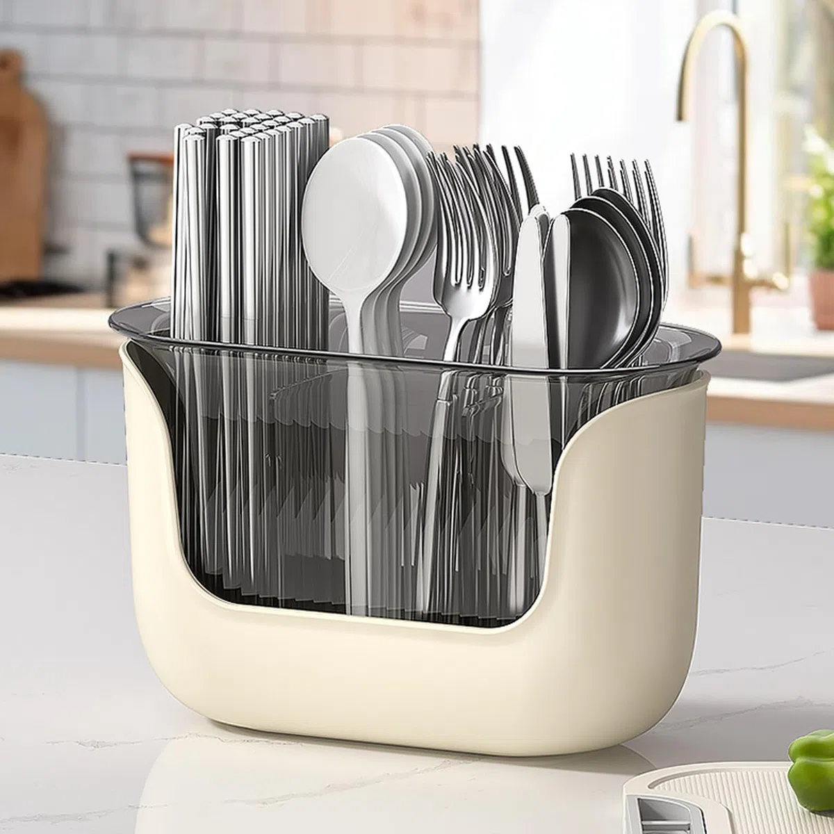 Supporto per utensili a 3 scomparti - 24 x 11 x 15 cm 267 g, organizer trasparente, supporto per drenaggio 'acqua | cucina piano cottura cottura cucina sala da pranzo casa ristorante posate Pinz