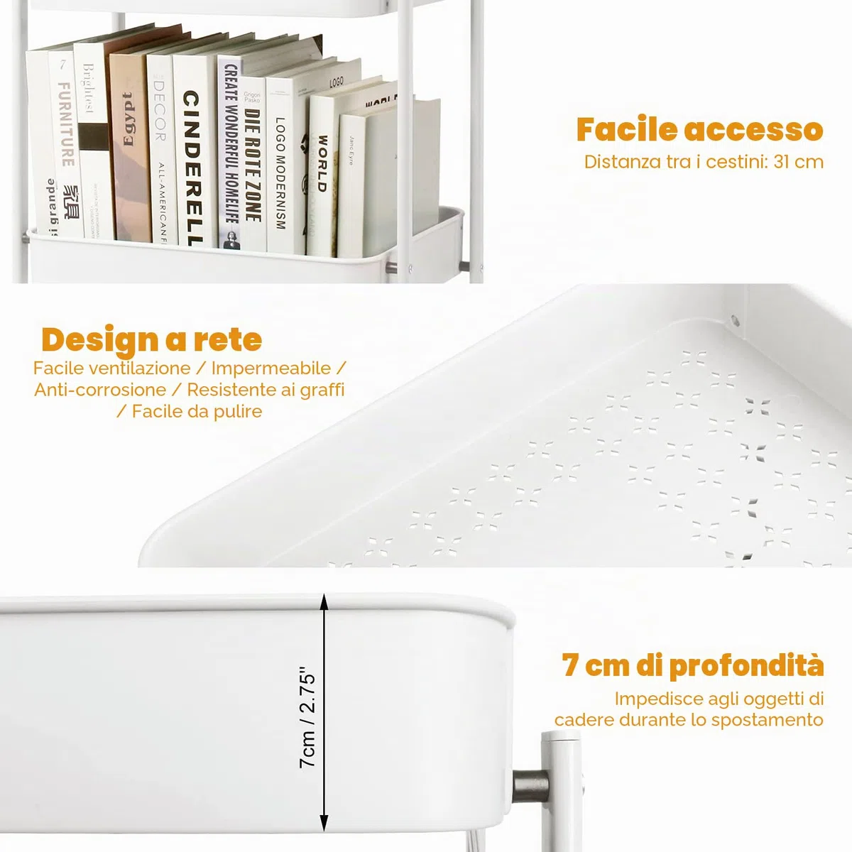 Todeco Carrello pieghevole a 3 livelli, carrello da cucina, senza assemblaggio, 46 x 29 x 78 cm, per cucina, ufficio, bagno, guardaroba, bianco