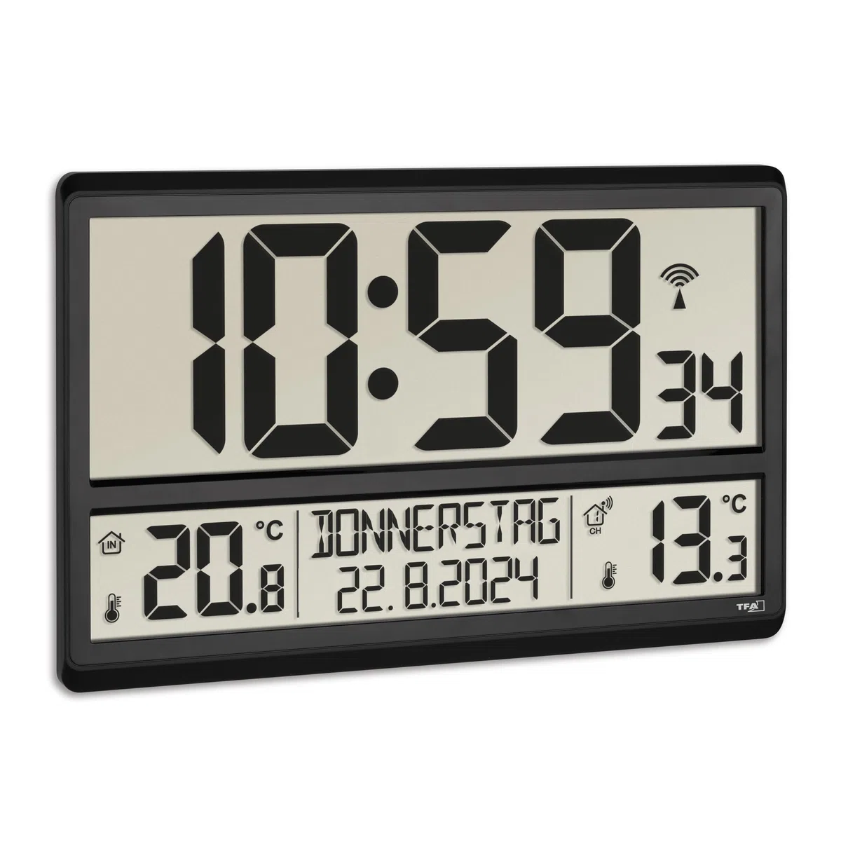 TFA Dostmann Orologio Radiocontrollato da Parete, Digitale XL, 60.4521.01, Temperatura Esterna e Interna, con sensore esterno, Giorni Settimana, 8 Lingue, Grande, Nero 360 x 235 x 28, 84