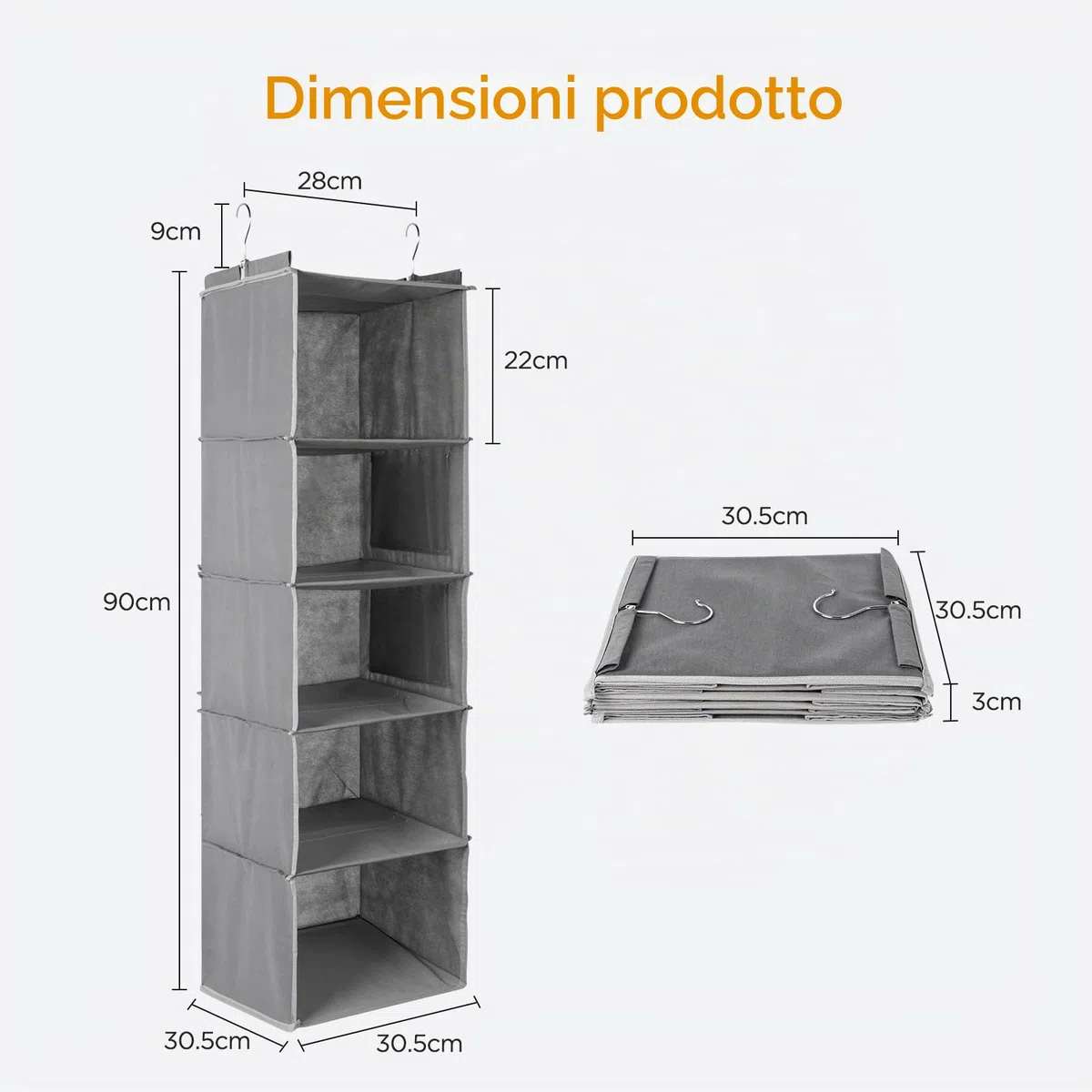 Cozary Organizer Armadio da Appendere 5 Ripiani, Organizzatore Armadio Pieghevole, Organizer da Appendere con Ganci in Metallo, per Camera da Letto- Grigio