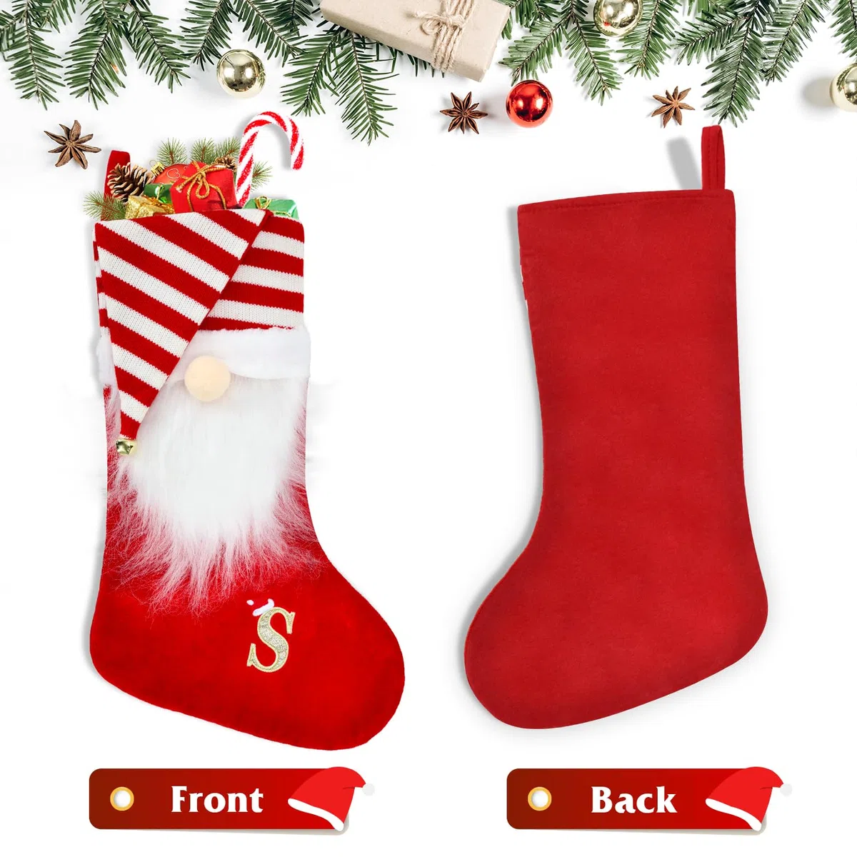 Calza di Natale, 50 cm, grande, personalizzata, con gnomi da caminetto, Babbo Natale, da appendere, con campana, lettera, ricamo, calze natalizie per vacanze in famiglia, decorazioni per feste di