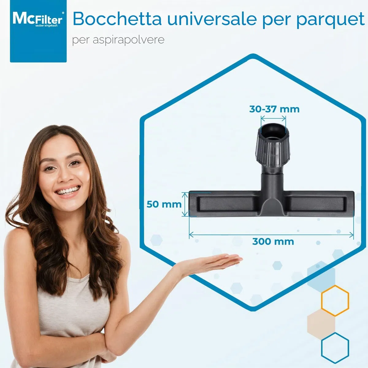 McFilter I Ugello universale per parquet 30 37 mm con attacco vario, larghezza: 300 mm, adatto per Miele, Bosch, Siemens, Kärcher, AEG, Bomann, Rowenta, Nilfisk, Privileg, bocchetta per pavimenti