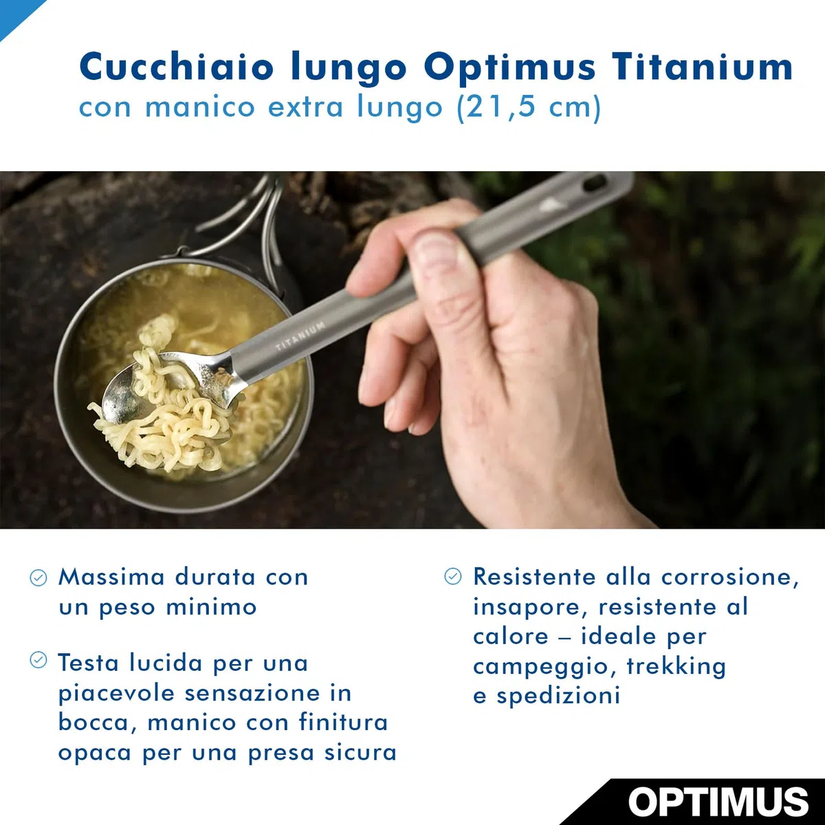 Cucchiaio lungo Optimus Titanium – Cucchiaio in titanio con manico extra lungo (21,5 cm), per cibo da trekking in sacchetti stand-up, posate da campeggio, manico opaco e testa lucida