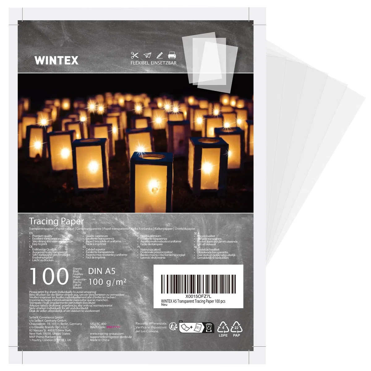 WINTEX Carta Lucida A5 per Disegno Tecnico - 100 Fogli Lucidi A5 Trasparenti da 100 g/m² - Carta Trasparente Stampabile da Lucido - Copiativa per Architettura e Bricolage