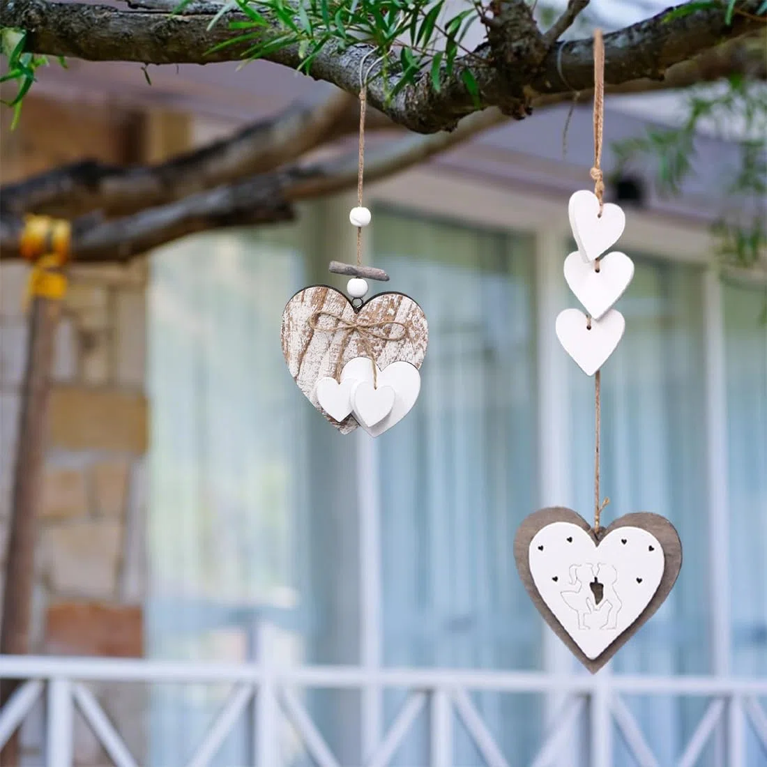 2 pezzi decorazione a forma di cuore mobile, decorazione per finestre, in legno naturale, bianco, cuore in legno, decorazione da appendere