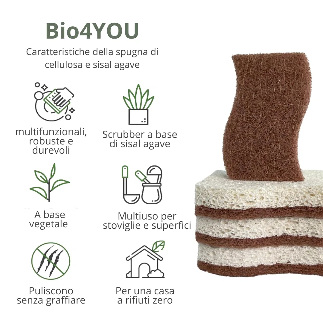 Spugna da cucina naturale biodegradabile Bio4You, compostabile, in cellulosa e noce di cocco, confezione da 12 spugne ecologiche per piatti, forma pratica