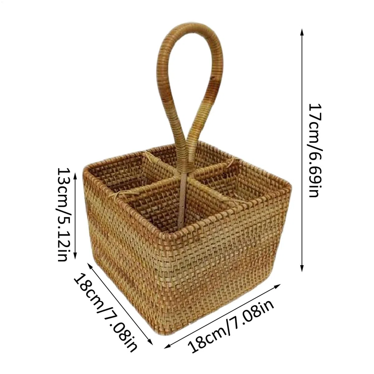 Cestino in vimini – Cesto portaoggetti in vimini naturale, intrecciato a mano, cestino da picnic 17,8 x 17,8 cm, manico lungo, 4 scomparti, cestino in rattan per picnic, bottiglie, posate, utensili da