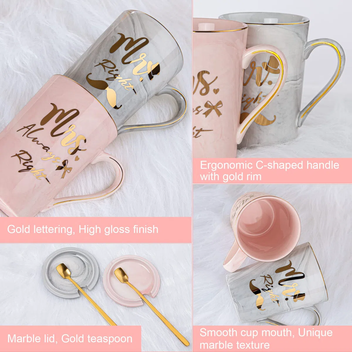 Regali di nozze per la sposa e lo sposo, regali di fidanzamento, regali di matrimonio, 396.9 g, in marmo ceramico Mr Right e Mrs Always Right, adatto al microonde, regalo di nozze per coppie