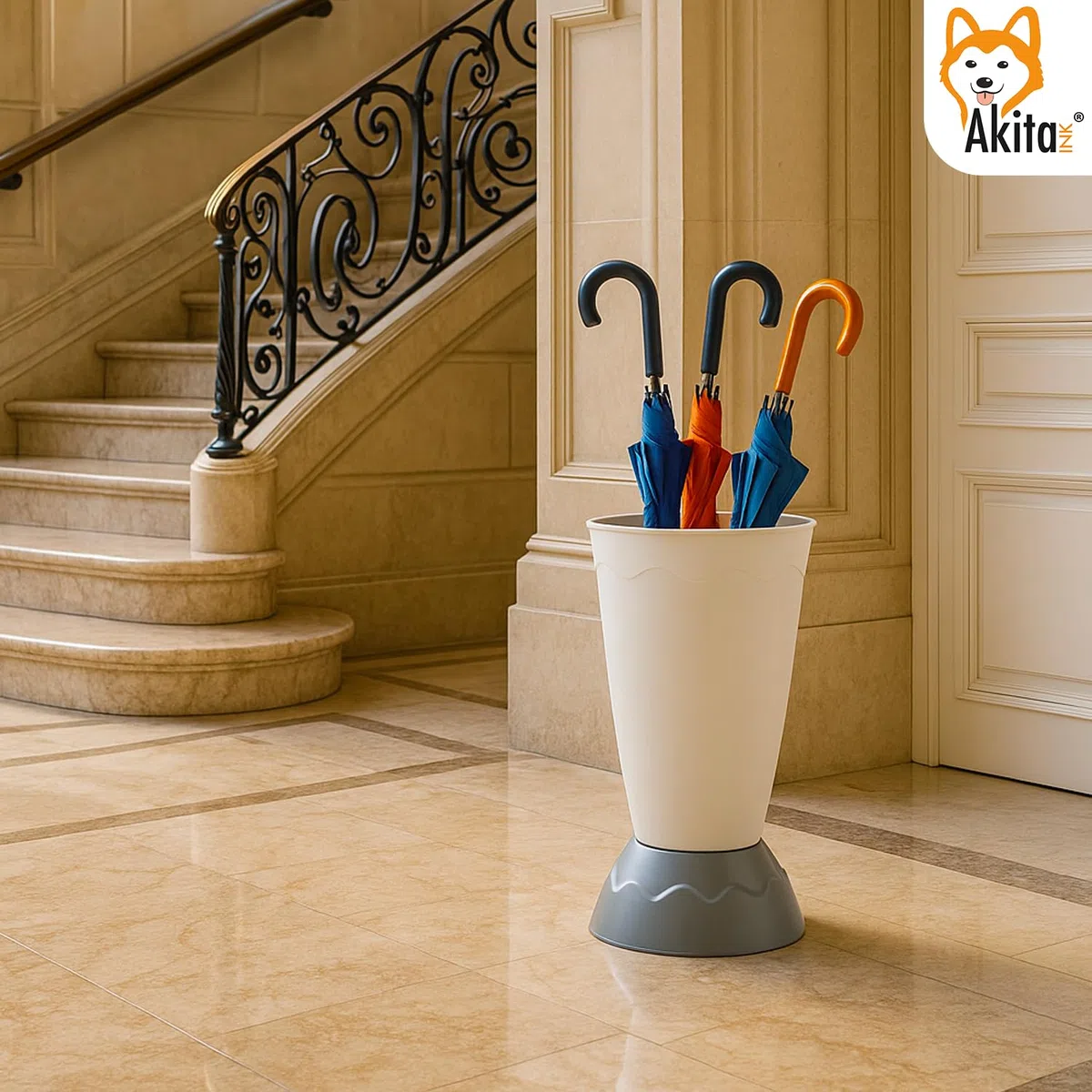 AKITAInk Portaombrelli Vulcano Moderno 27x27x50,5 cm | Porta Ombrelli in Plastica Resistente con Decoro a Onde | Design Elegante e Funzionale per Ingresso Casa o Ufficio (GRIGIO)