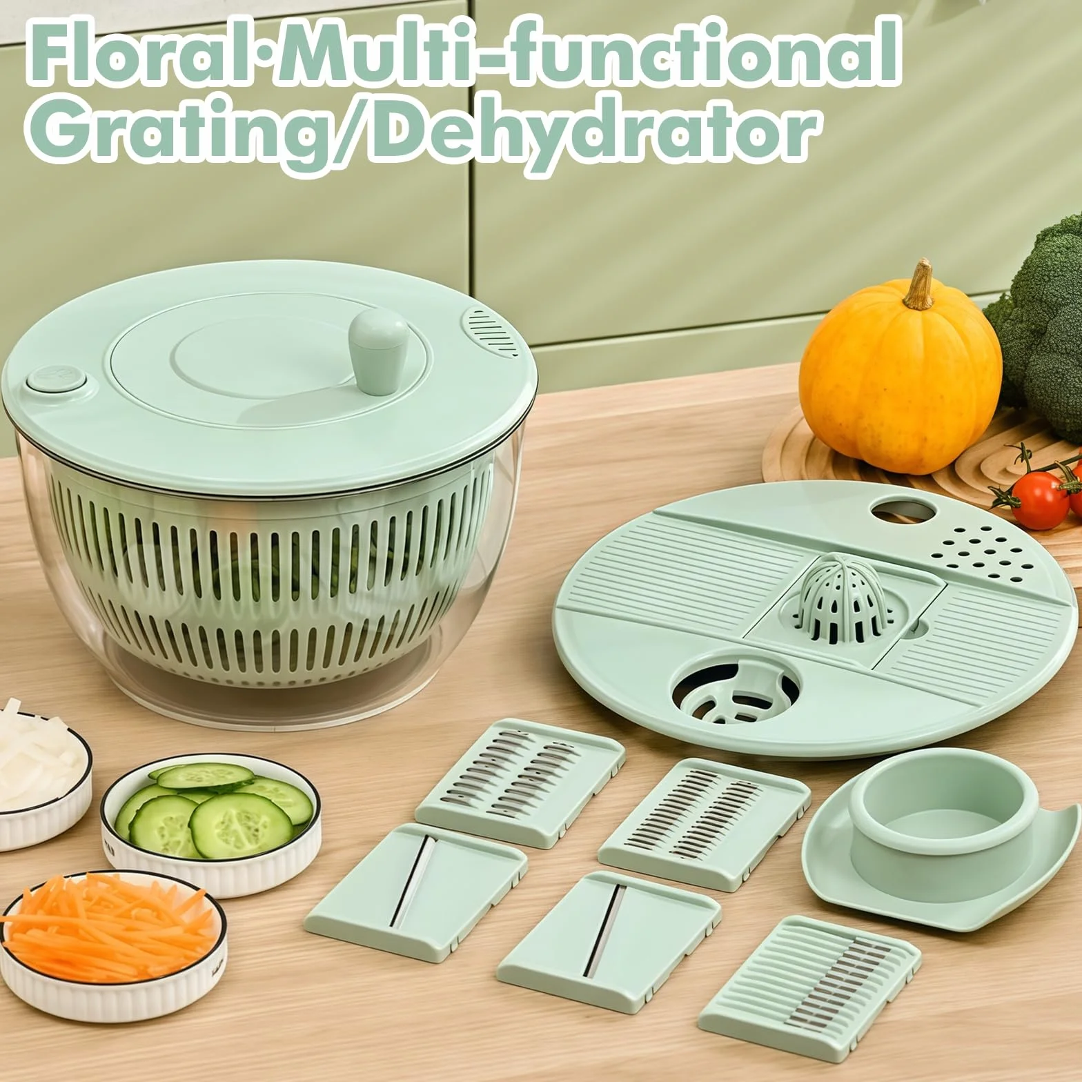 Centrifuga per insalata da 4 l con coperchio, con 6 lame e tagliere, ciotola multifunzione in PET con finestra di visualizzazione, ideale per lavare, asciugare e tagliare frutta e verdura