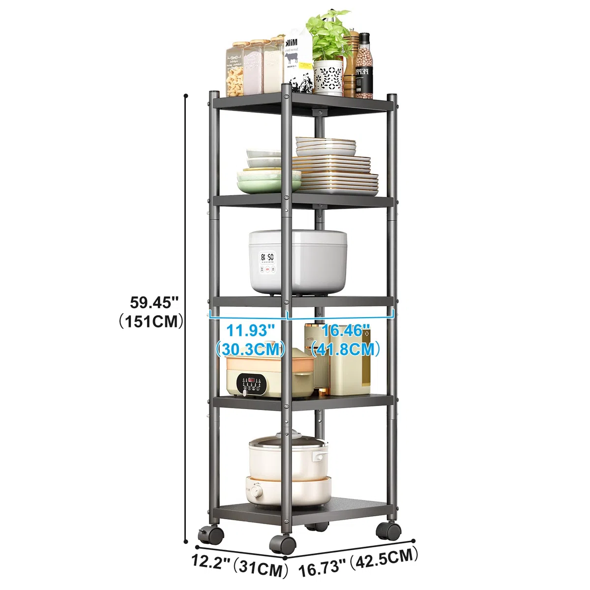 SAYZH Scaffale a 5 ripiani, in metallo resistente, multifunzione, con ruote e piedini antiscivolo, per garage, cucina, ufficio, libreria, angolo, nero